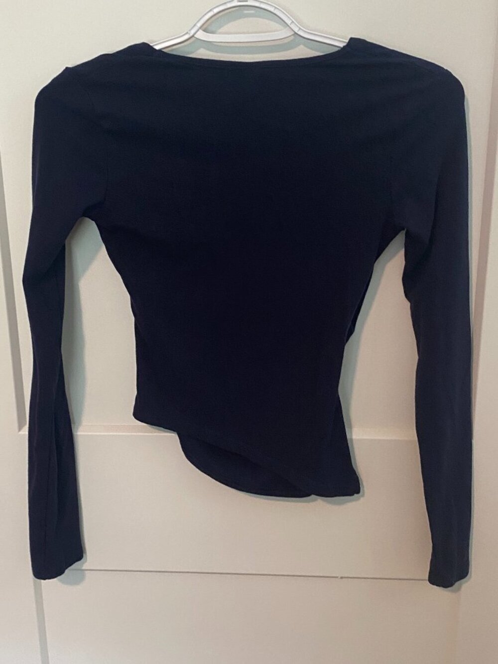 Darong Navy Ruched Asymmetrical Top XS | Long Sleeve Slim Fit Wrap Style Shirt - Picture 7 of 7